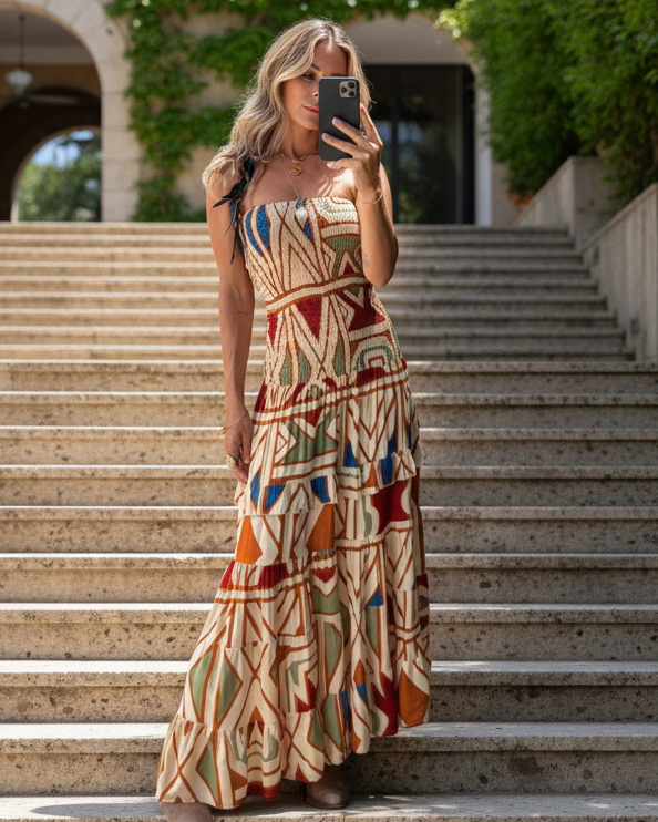 Geometric Aztec Boho Strapless Smocked Bodice Ruffle Tiered Colorful Maxi Dress