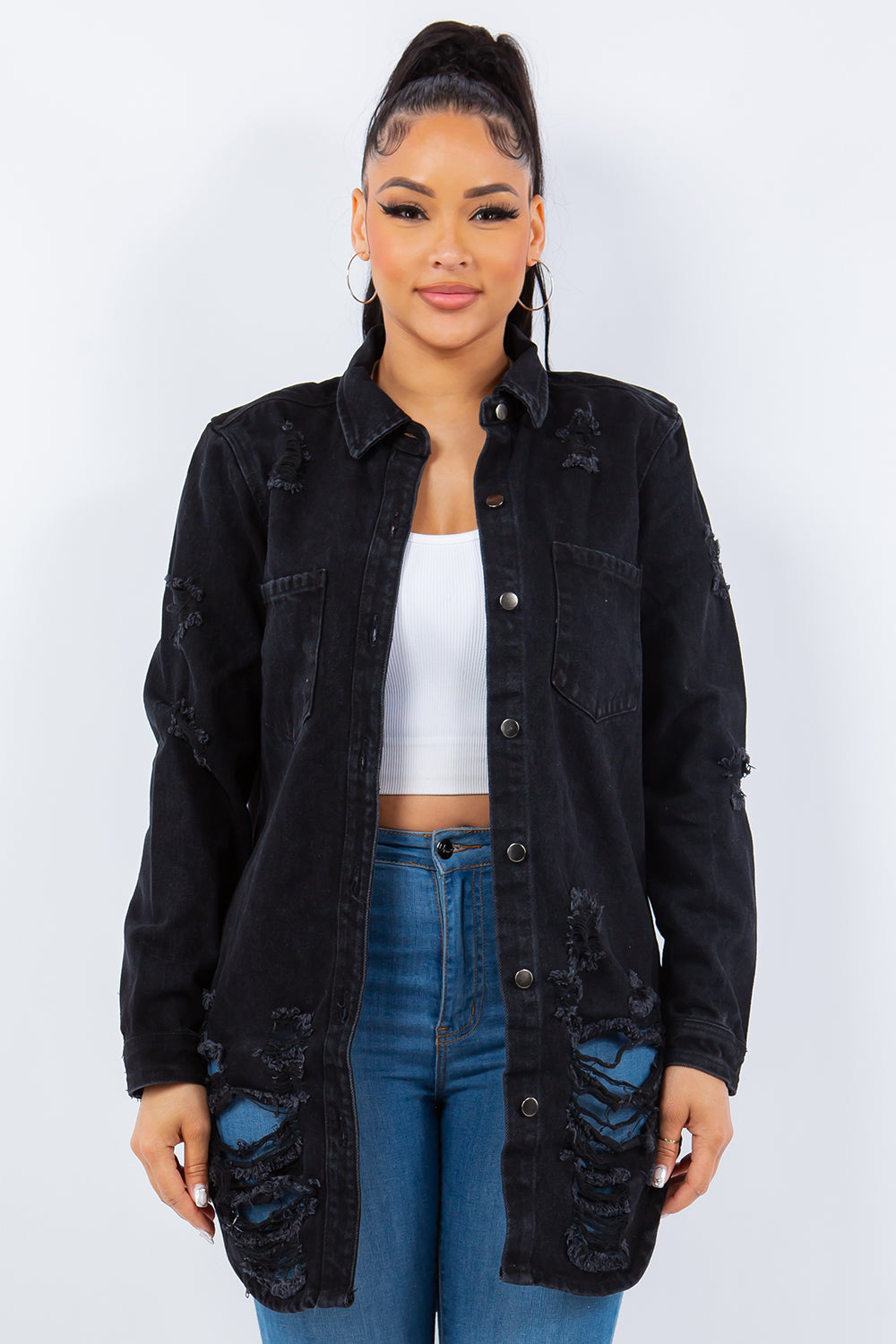 American Bazi Torn Distressed Hole Oversized Shacket Cotton Denim Jean Jacket