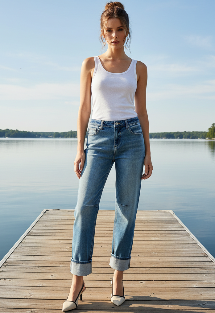 Risen High-Rise Baggy Boyfriend Fit Jeans Cropped Barrel Leg Wide Cuffed Raw Hem Denim Pants