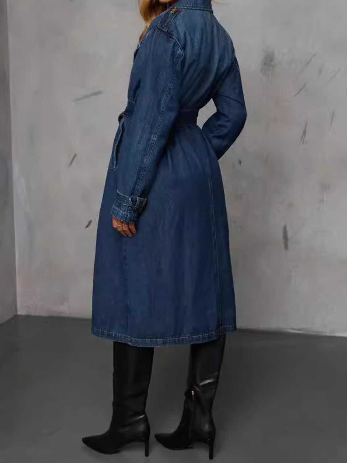 Denim Trench Coat Double Breasted Button-Up Collared Longline Belt Jean Jacket