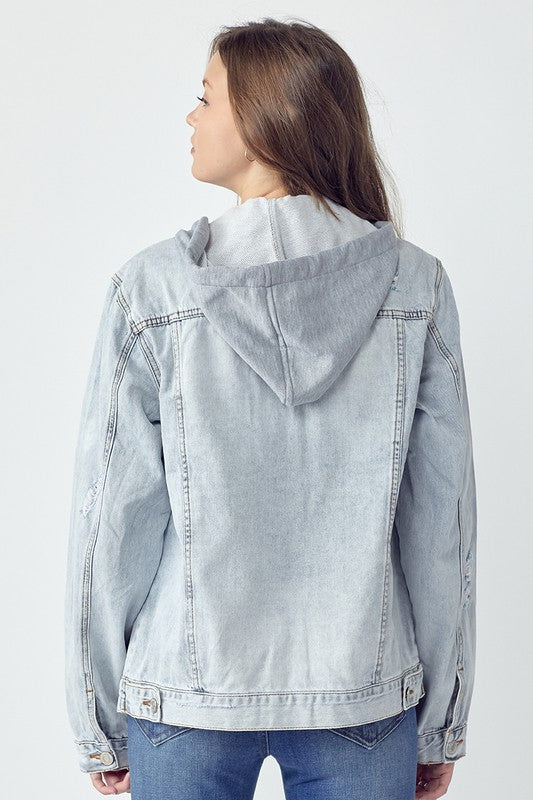 RISEN Hoodie Distressed Cotton Blue Jean Long Sleeve Collar Button-Up Denim Jacket