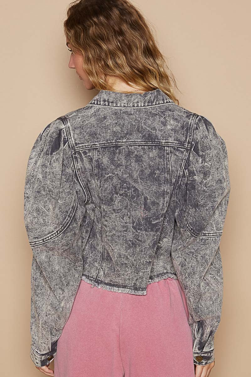 POL Acid Wash Retro Cropped 90s Denim Collar Button-Up Pocket Bleached Jean Jacket