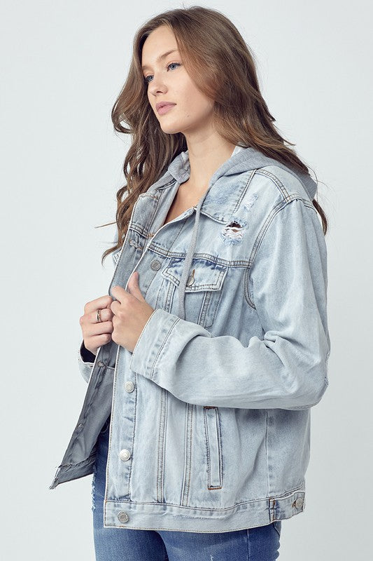 RISEN Hoodie Distressed Cotton Blue Jean Long Sleeve Collar Button-Up Denim Jacket