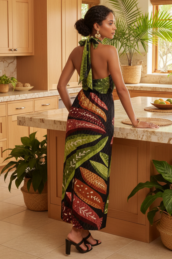 Tropical Island Wrap Halter Neck Open Smocked Back Sleeveless Slit Midi Dress