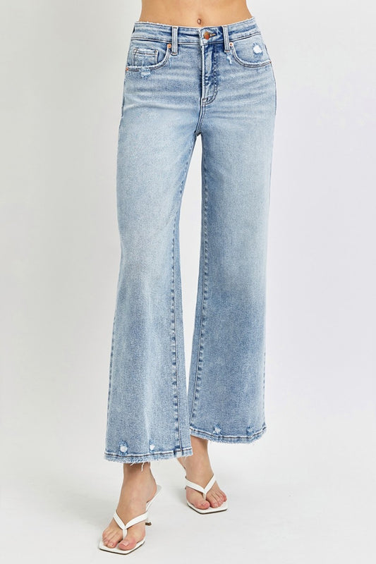 RISEN High-Rise Wide Leg Tummy Control Pants Distressed Cropped Boyfriend Denim Jeans