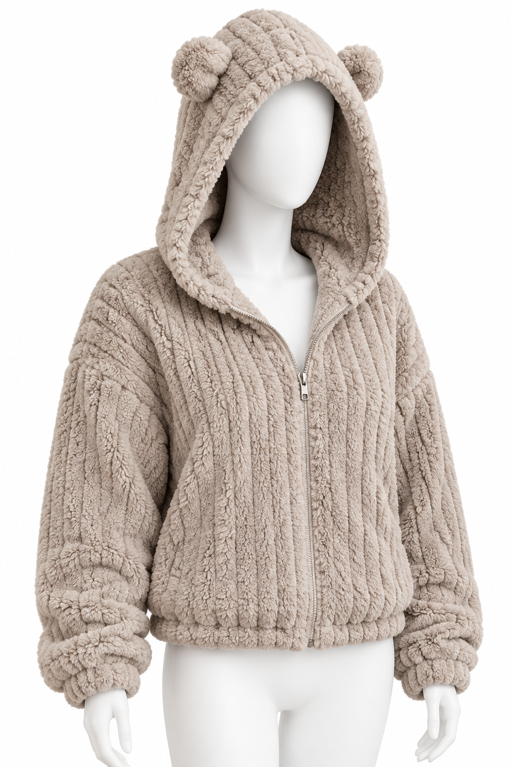 Plush Teddy Bear Ear Hooded Cropped Fleece Jacket Oversized Long Sleeve Zip-Up