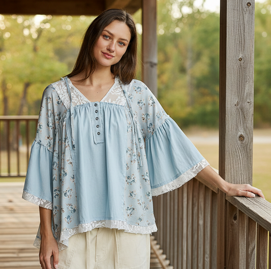 POL Oversized Hoodie Lace Patchwork Gauze Floral Blouse Retro Raw Seam Top Blue
