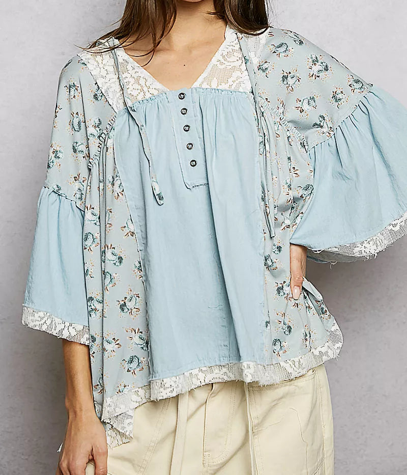 POL Oversized Hoodie Lace Patchwork Gauze Floral Blouse Retro Raw Seam Top Blue