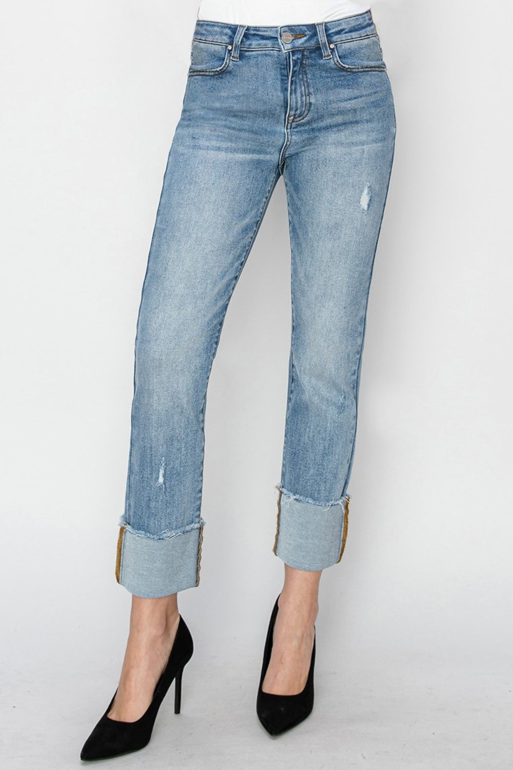 RISEN High-Rise Straight Leg Jeans Ankle Cuffed Hem Distressed Denim Pants