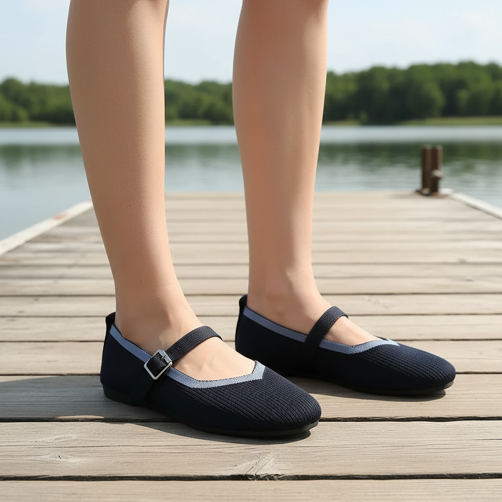 Mary Jane Flats Round Toe Mesh Slip-On Adjustable Buckle Color Contrast Shoes