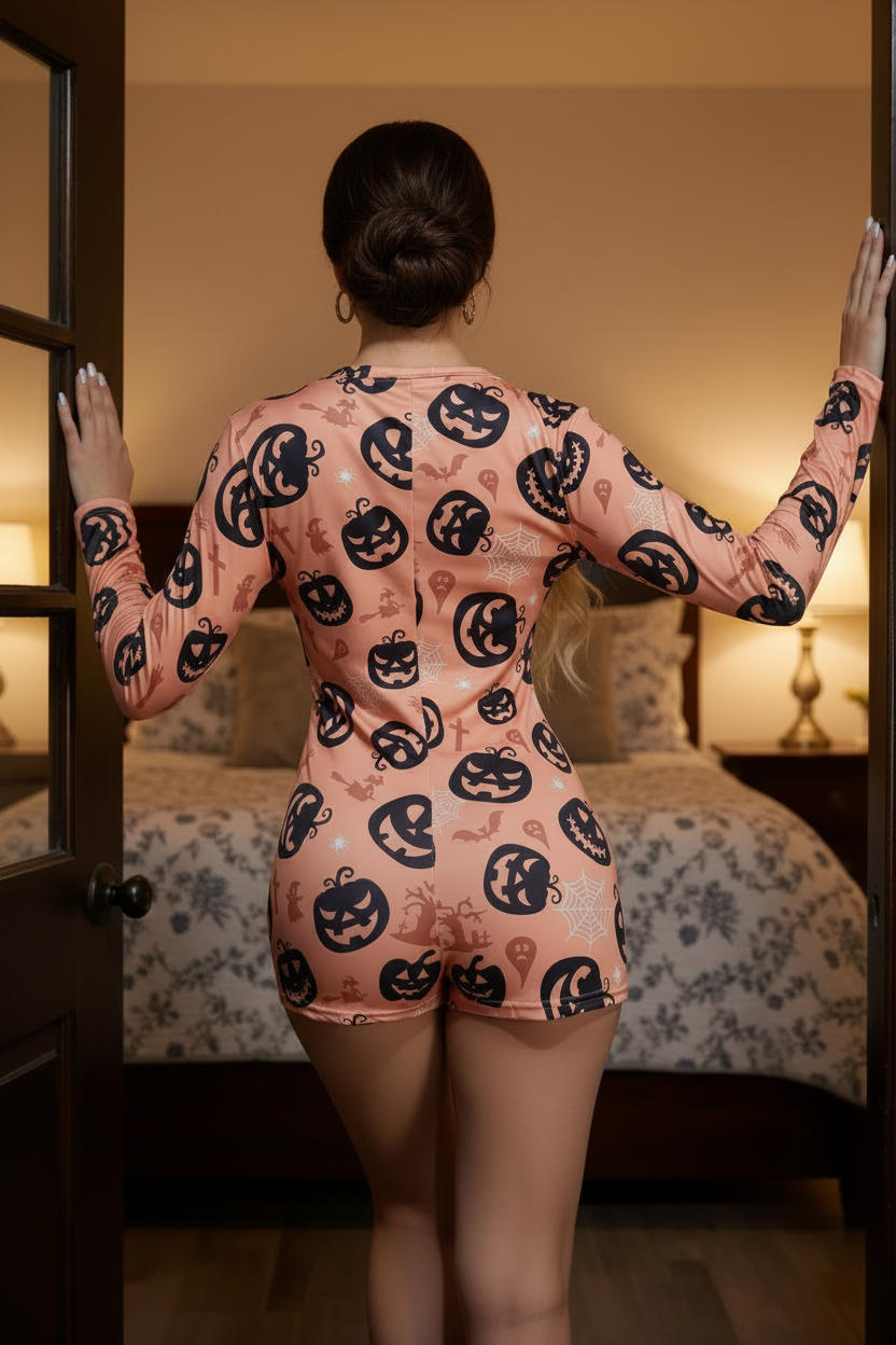 Pumpkin Ghost PJ Button-Front Long Sleeve Halloween Pajama Bodycon Romper