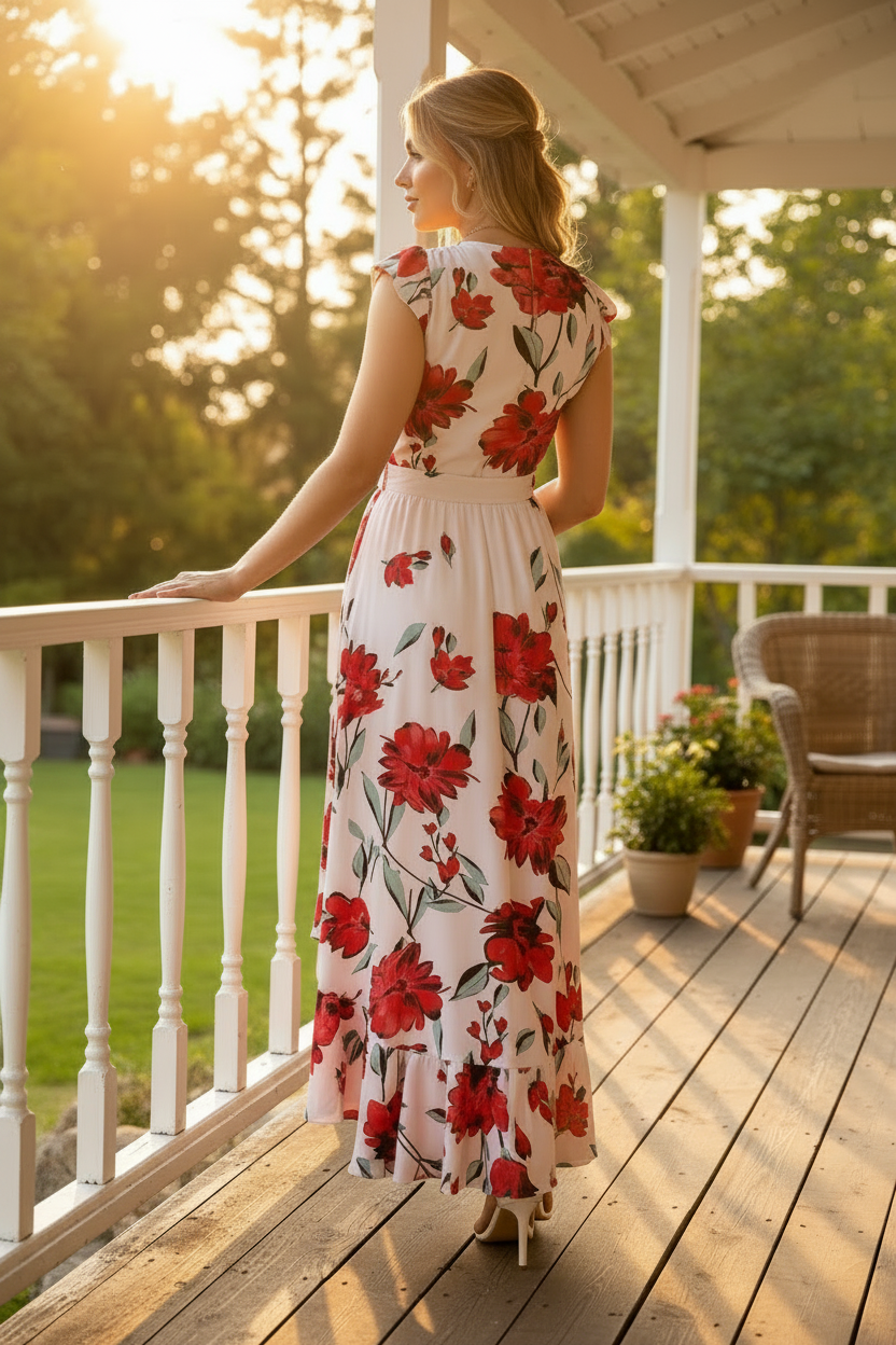 Exaggerated Ruffle High-Low Plunge Neck Twisted Empire Waist Sleeveless Maxi Dress