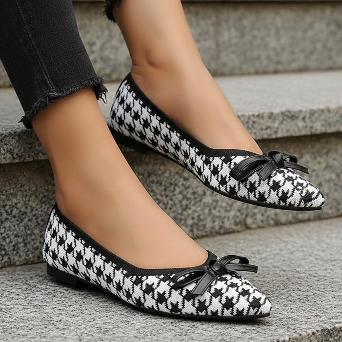 Houndstooth Knit Top Bow Pointed Toe Classy Heritage Ballet Flats Slip-On Shoes