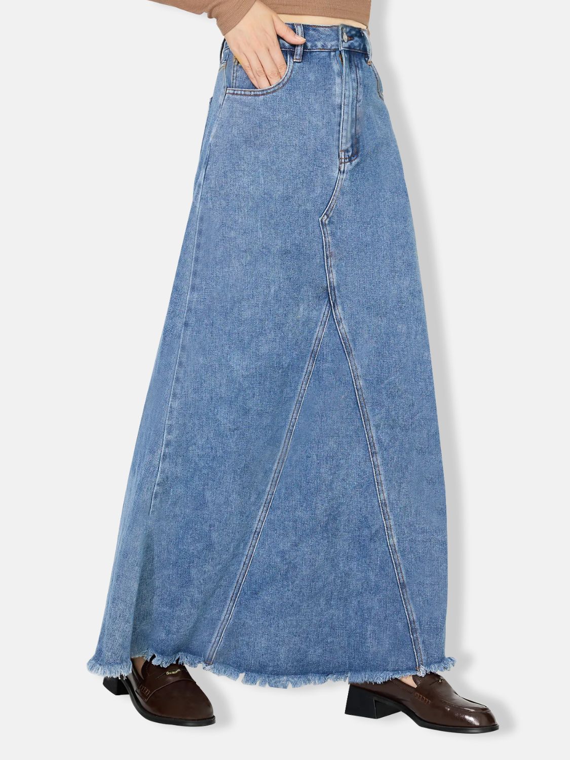 Retro Pocket High-Rise Waist Wide Panel Distressed Fringe Denim Blue Jean Maxi Skirt