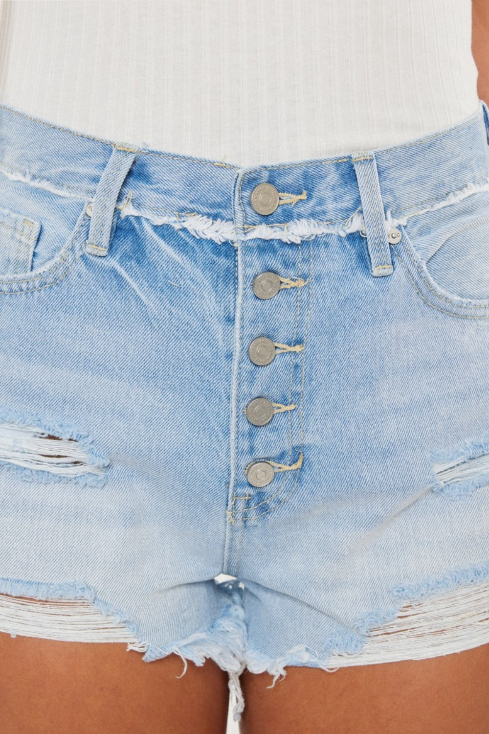 KanCan Button Fly High Rise Torn Distressed Denim Frayed Cut-Off Jean Shorts Medium Wash