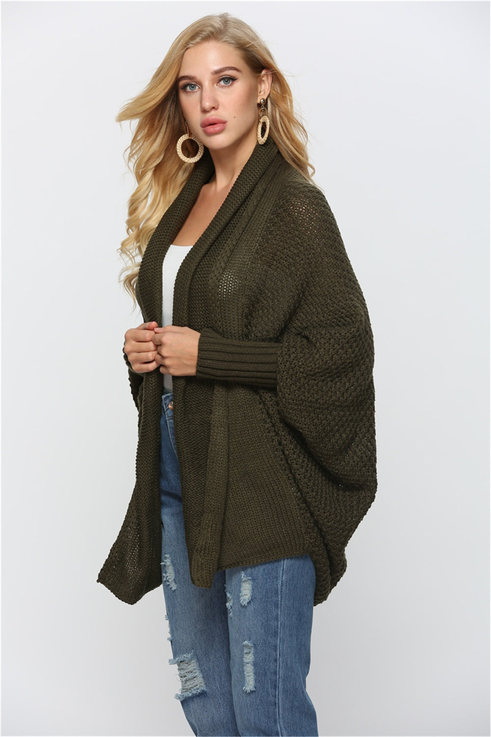 Oversized Knit Cardigan Batwing Sleeve Lightweight Baggy Open Front Sweater