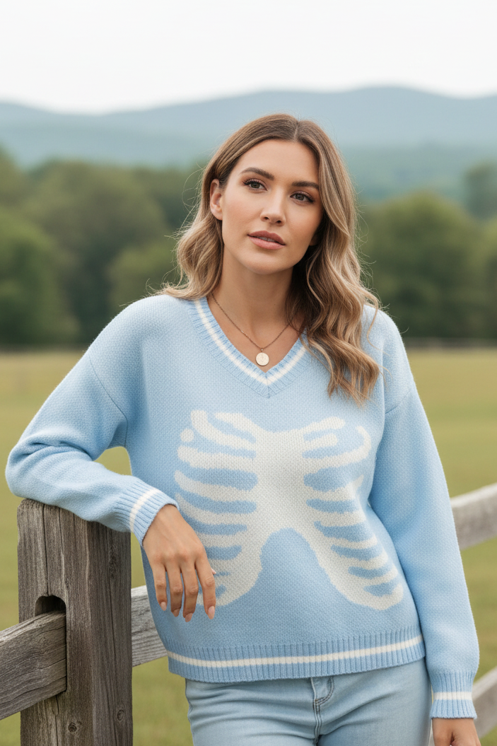 Skeleton Rib Cage V-Neck Top Long Sleeve Knit Pullover Sweater Halloween Grunge
