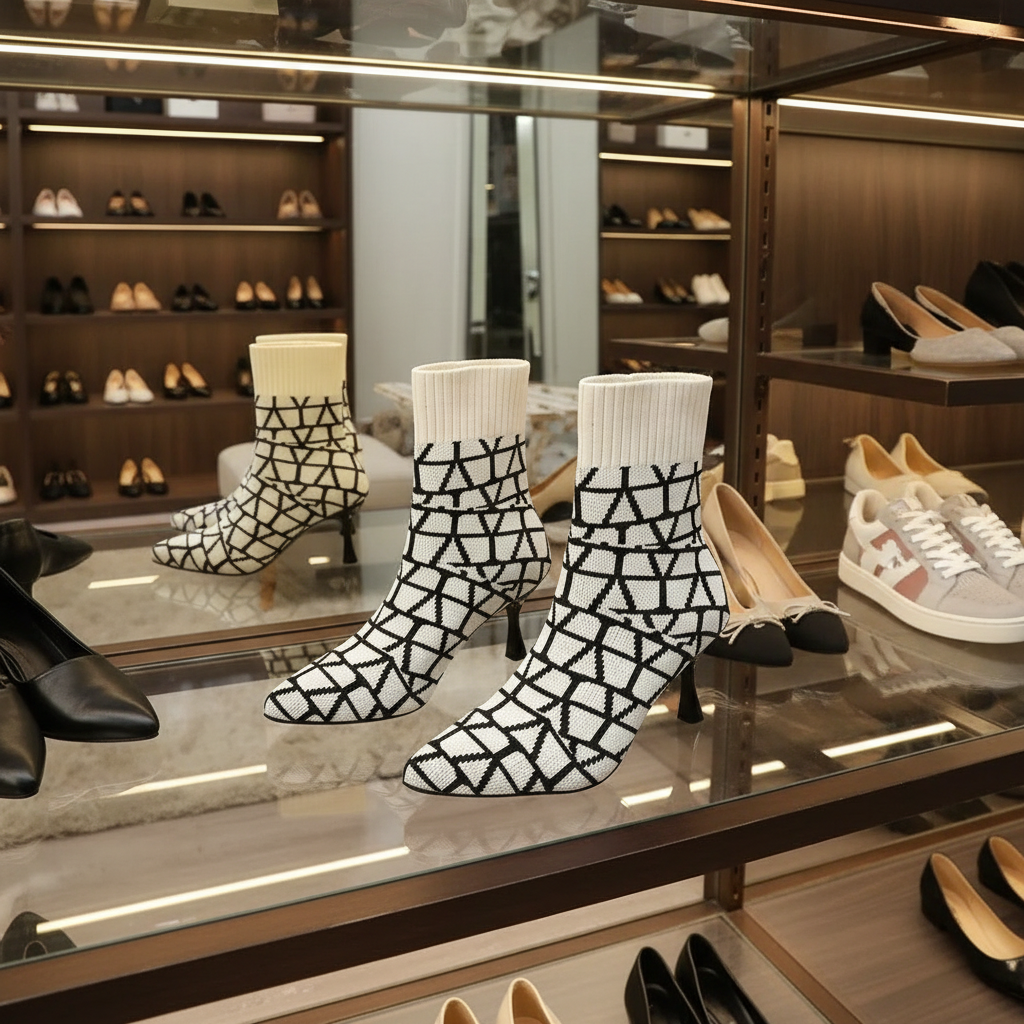 Mesh Sock Bootie Pointed Toe Stiletto Shoes Molded Slip-On High Heel Boots