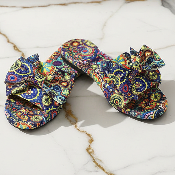 Double Oversized Bow Colorful Boho Open Toe Flats Artsy Slide Shoes Slip-On Sandals