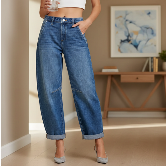 Risen Baggy High-Rise Barrel Horseshoe Jeans Cropped Rolled Cuffed Denim Pants