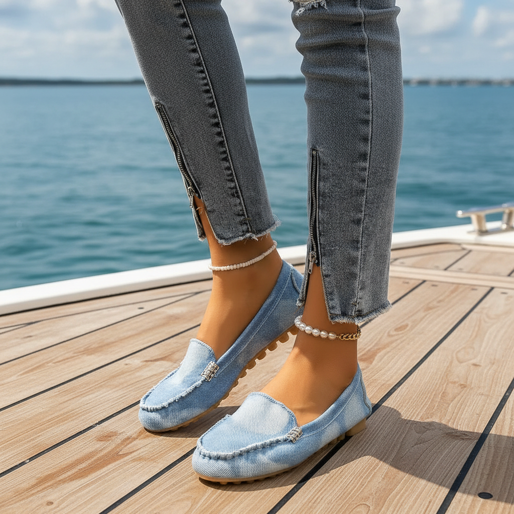 Denim Flat Slip-On Loafers Raw Seam Retro Acid Wash Round Toe Boat Shoes