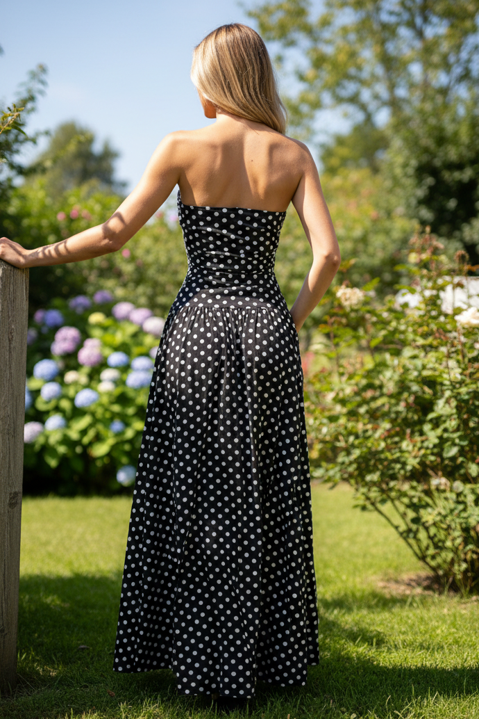 Retro Polka Dot Bandeau Strapless Ruched Drop Waist Fit & Flare Maxi Dress