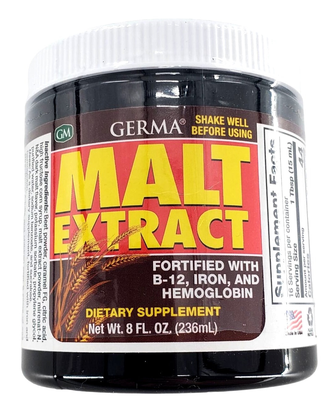 Germa Malt Extract Supplement Fortified with B12 Iron Hemoglobin 8 oz container