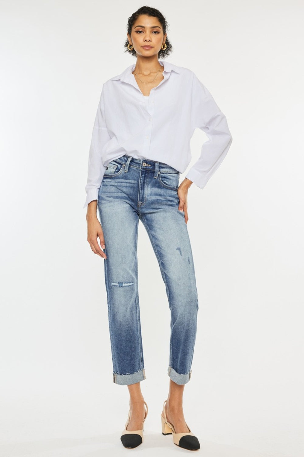 KanCan Distressed High-Rise Retro Mom Jeans Straight Leg Cuffed Raw Denim Pants