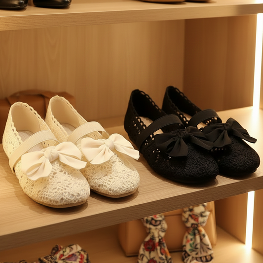 Large Bow Ballet Flats Crochet Lace Round Toe Scalloped Edge Slip-On Shoes
