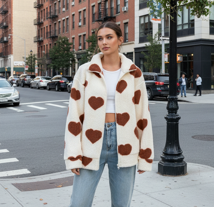 Plush Teddy Heart Print Zip Up Long Sleeve Collared Sweater Jacket Pockets