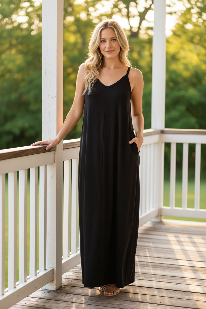 Zenana Side Pocket V-Neck Relaxed Fit Spaghetti Strap Maxi Dress