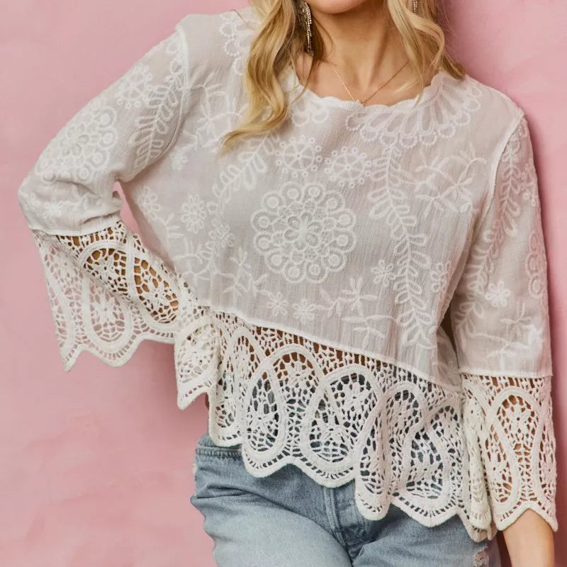 SO ME Floral Embroidered Crochet Lace Trim Top Bell Sleeves Scallop Cotton Blouse Off-white