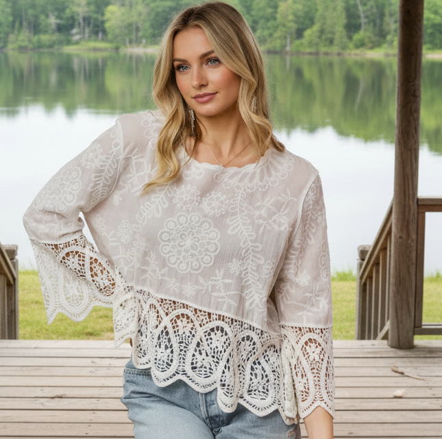 SO ME Floral Embroidered Crochet Lace Trim Top Bell Sleeves Scallop Cotton Blouse Off-white