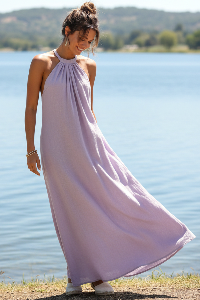 Pleated High Neck Halter Backless Relaxed Fit Drape Sleeveless Maxi Dress