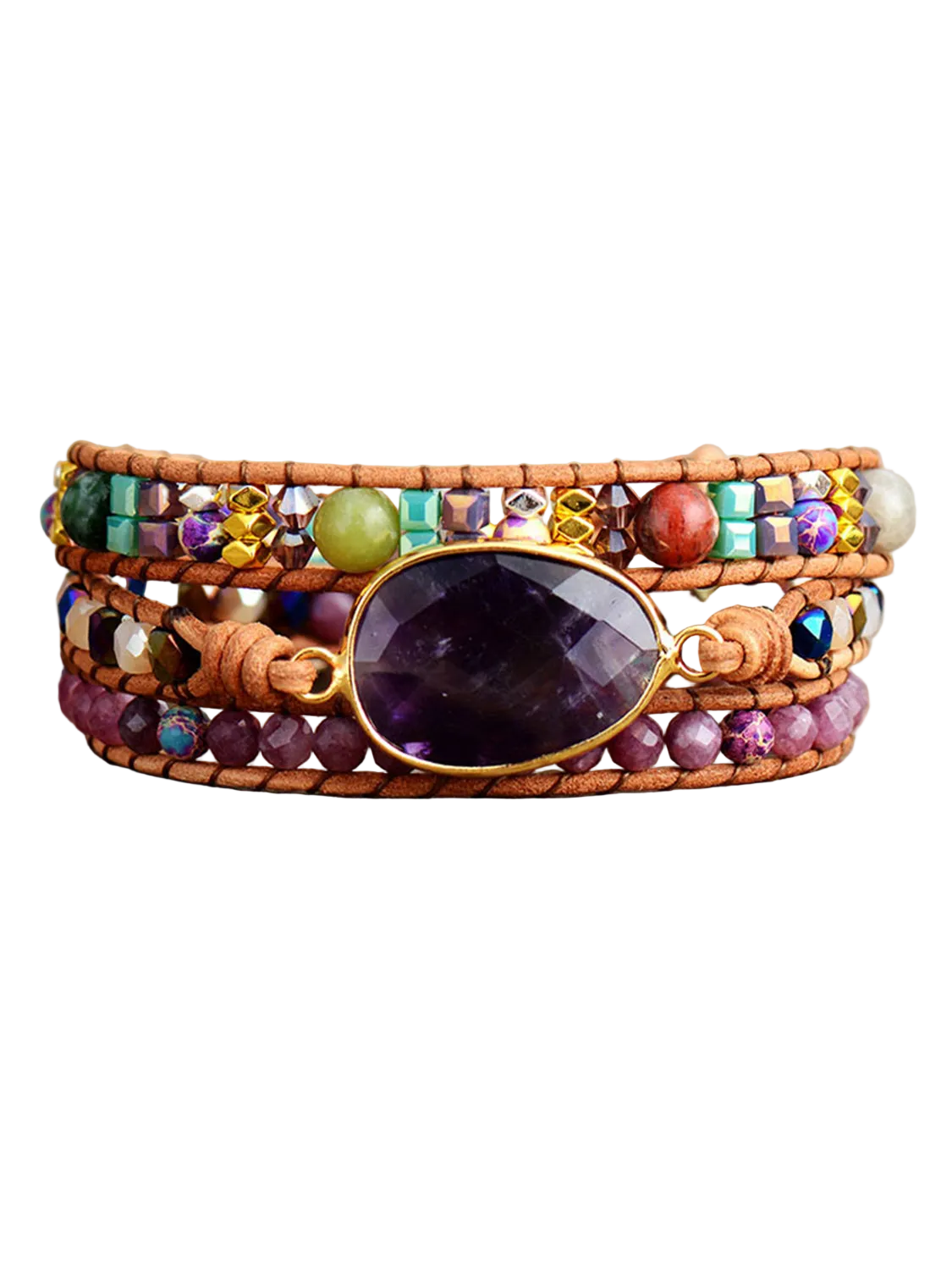 Natural Stone Amethyst Imperial Jasper Agate Multi-Strand Gemstone Wrap Bracelet