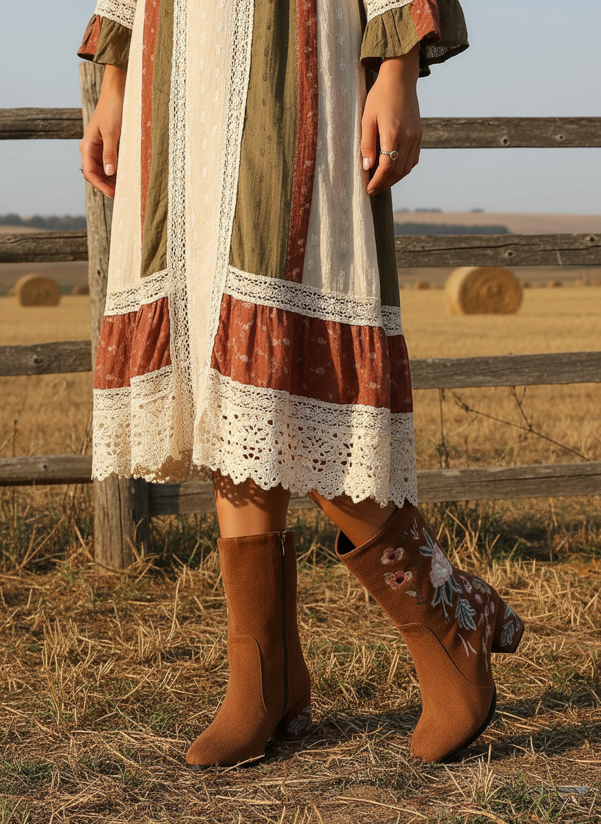 Floral Embroidered Block Heel Boots Boho Western Retro Vegan Suede Colorful Shoes