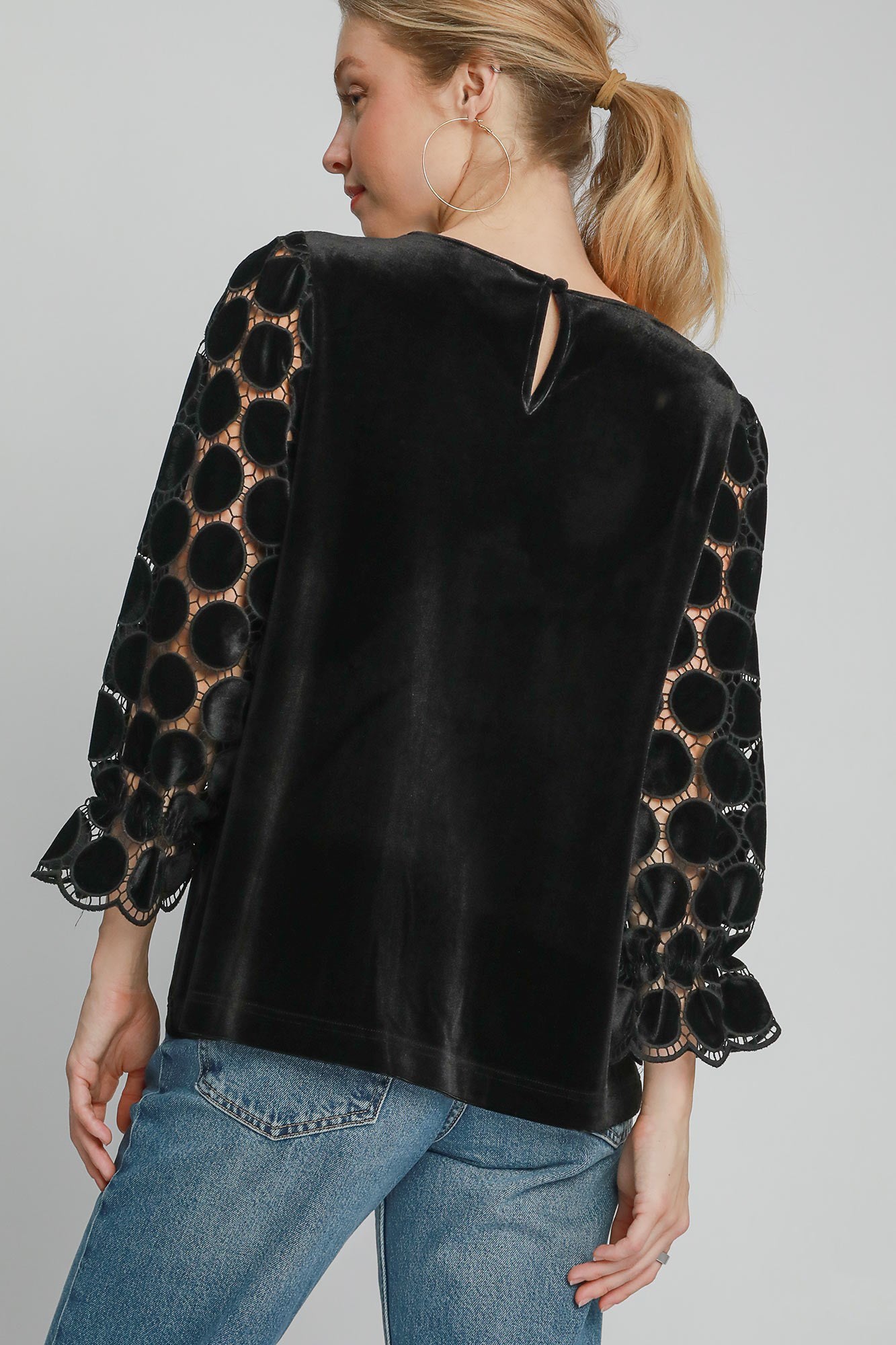 Umgee Lace Velvet Retro Top Sheer Polka-dot Ruffle Long Sleeve Shirt Boho Blouse