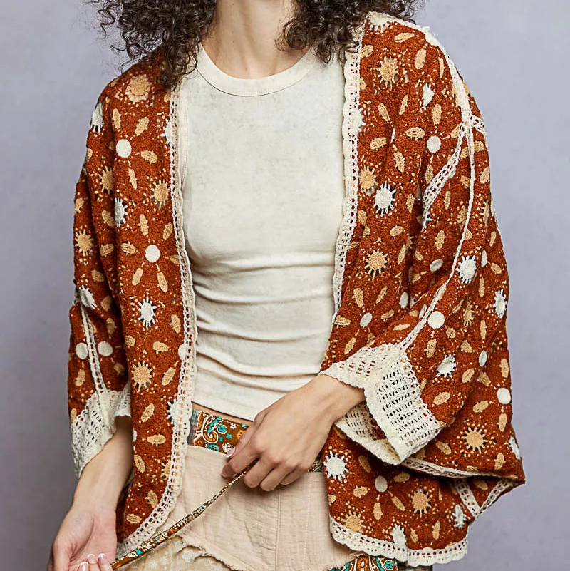 POL Floral Crochet Batwing Sleeve Cardigan Open Front Granny Openwork Knit Chocolate Brown