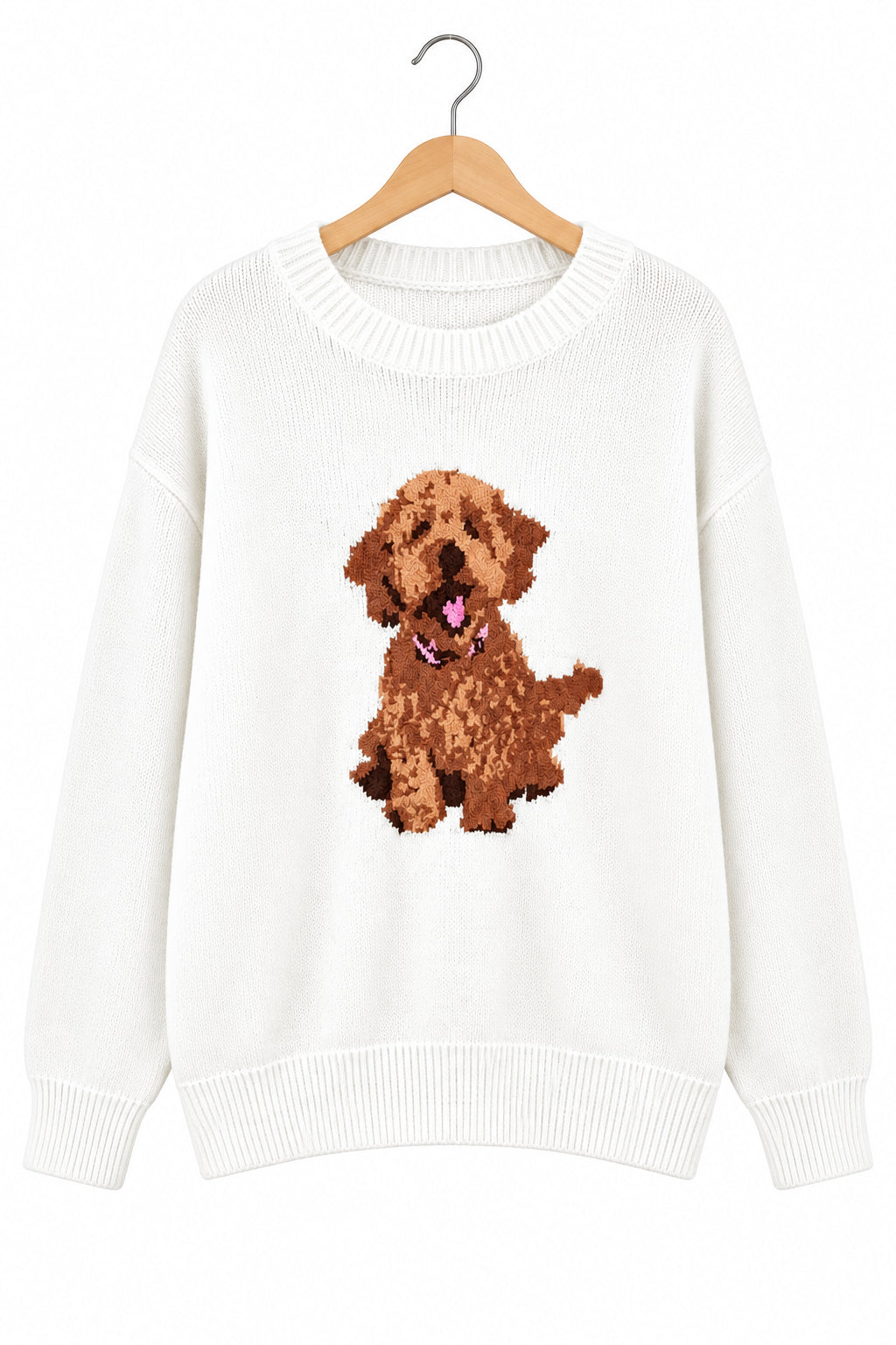 Curly Puppy Dog Graphic Oversized Knit Sweater Round Neck Long Sleeve Pullover