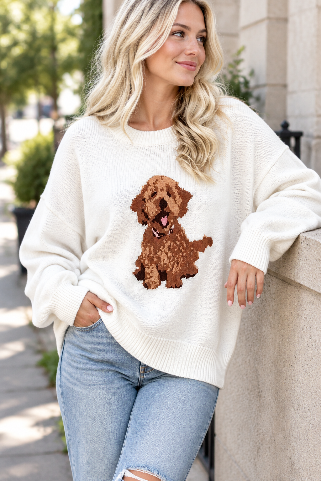 Curly Puppy Dog Graphic Oversized Knit Sweater Round Neck Long Sleeve Pullover