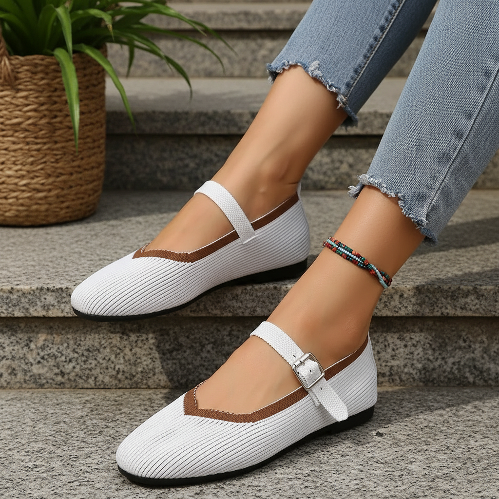 Mary Jane Flats Round Toe Mesh Slip-On Adjustable Buckle Color Contrast Shoes