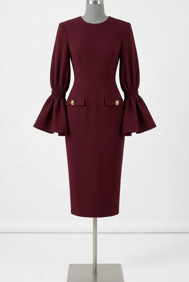 Dramatic Bell Sleeve Pencil Midi Dress Gold Button Faux Pocket Knee-length Bodycon