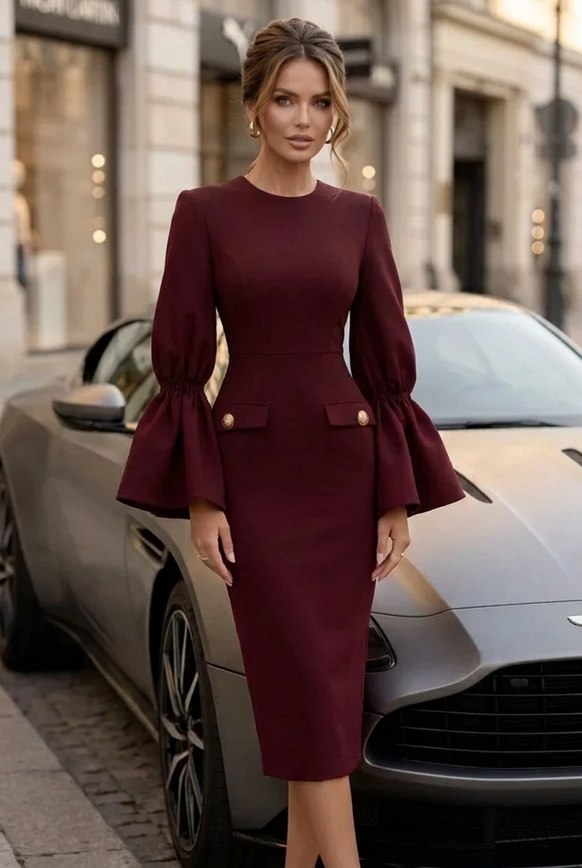 Dramatic Bell Sleeve Pencil Midi Dress Gold Button Faux Pocket Knee-length Bodycon