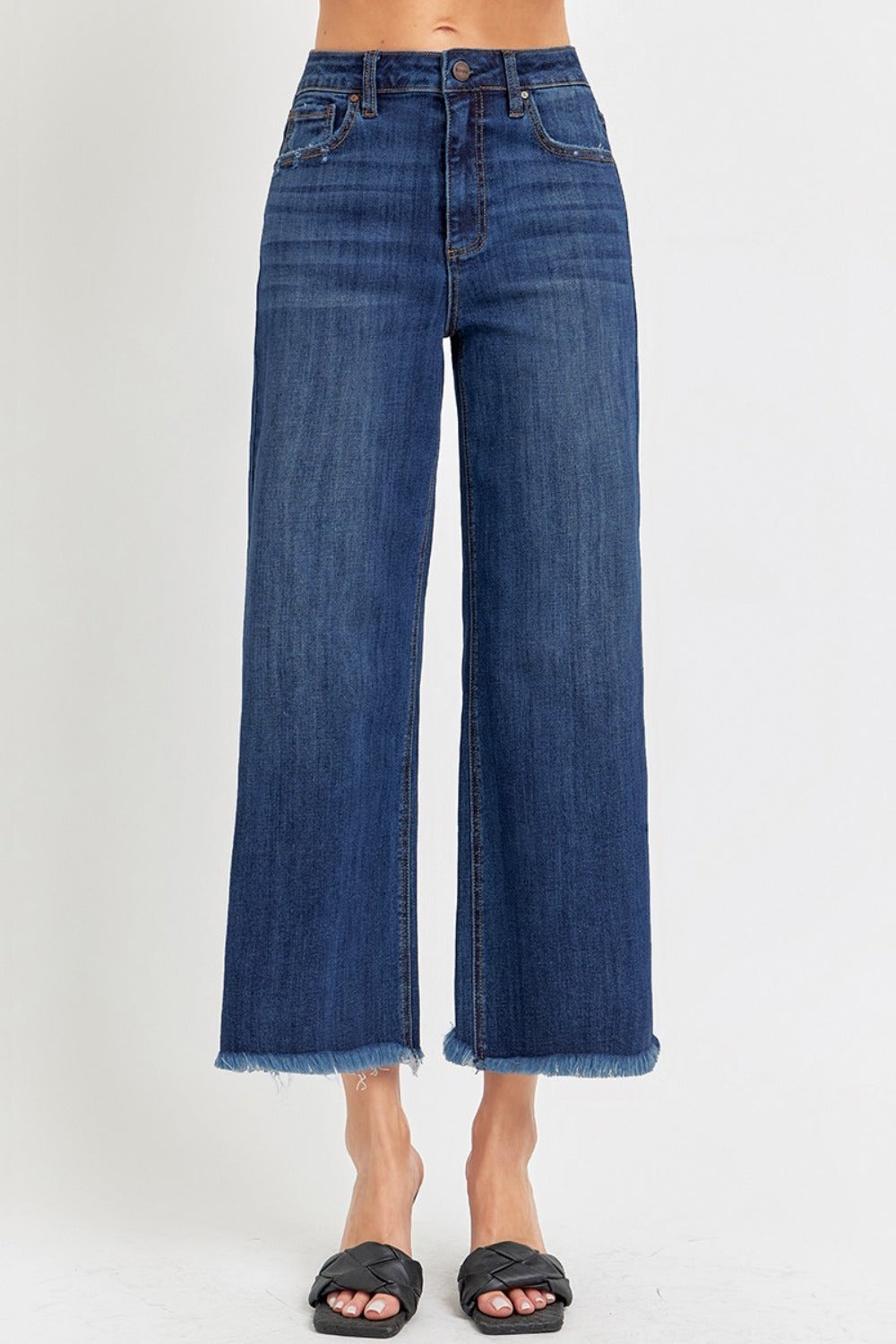 High-Rise Denim Jeans Wide Leg Cropped Raw Frayed Hem Retro Pants RISEN