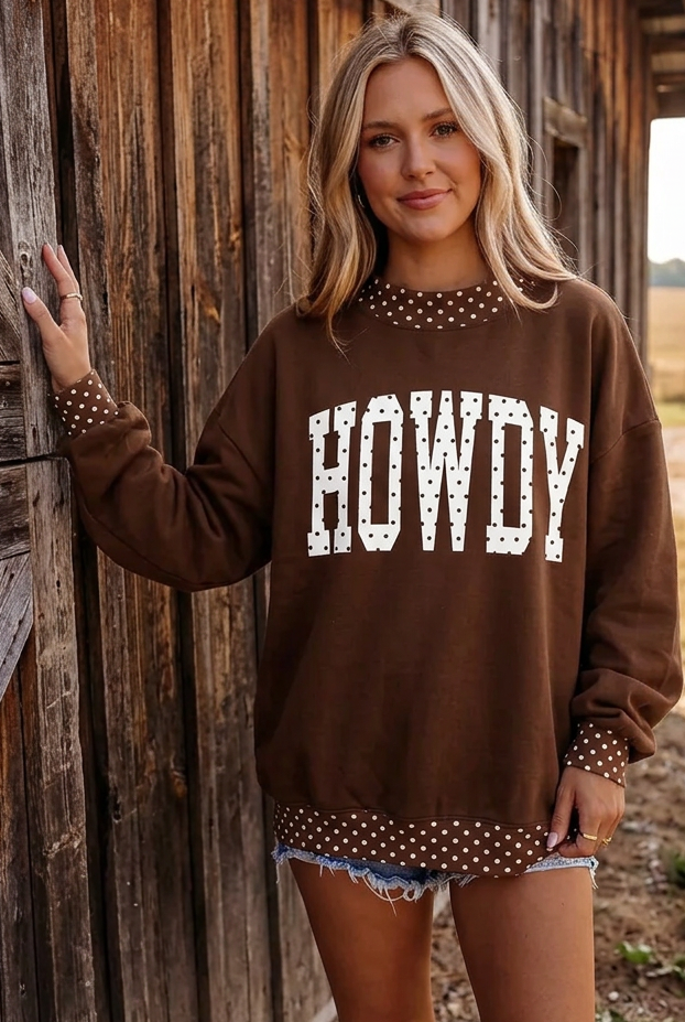 Howdy Cowgirl Mock Neck Polka Dot Trim Pullover Oversized Southern Sweatshirt
