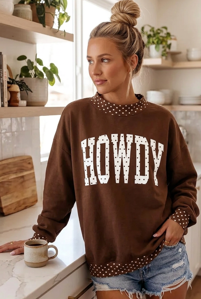 Howdy Cowgirl Mock Neck Polka Dot Trim Pullover Oversized Southern Sweatshirt