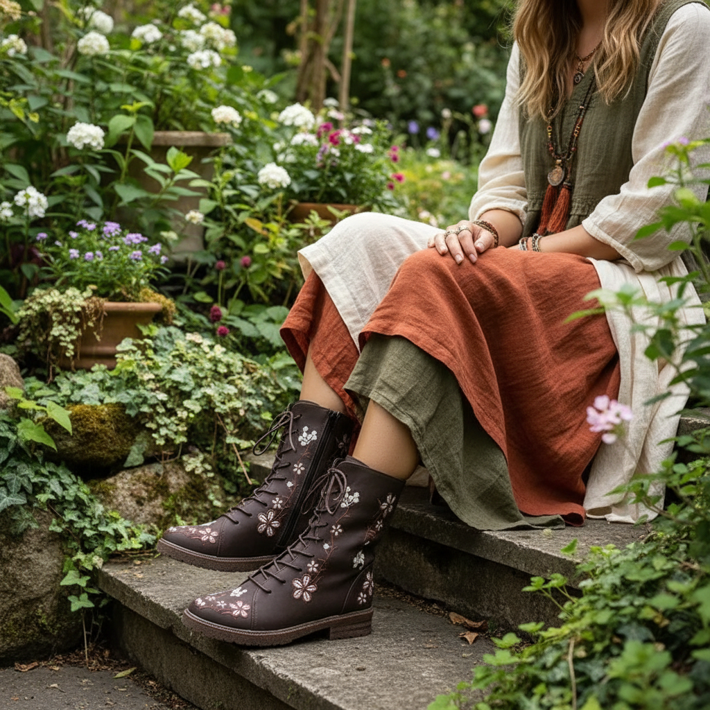 Embroidered Floral Round Toe Victorian-Inspired Low Block Heel Boots Lace-up Shoes