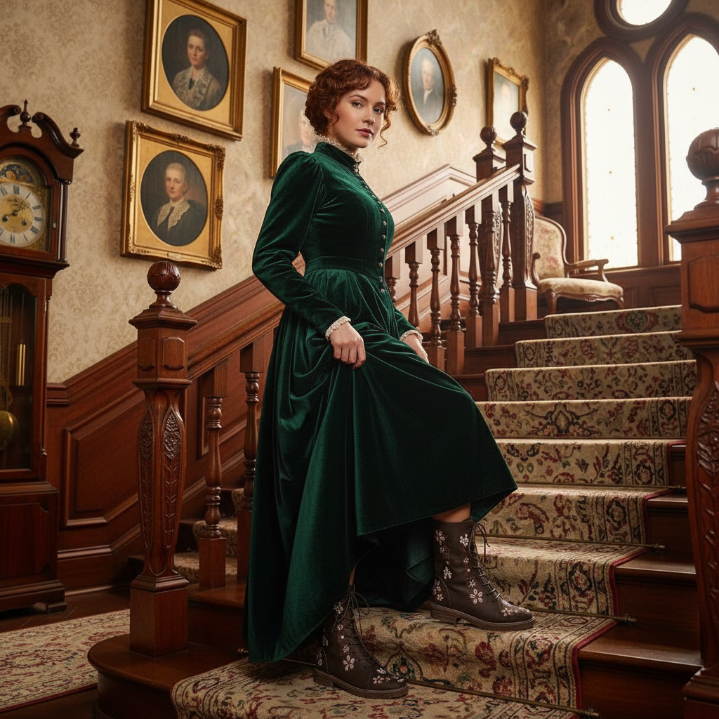 Embroidered Floral Round Toe Victorian-Inspired Low Block Heel Boots Lace-up Shoes