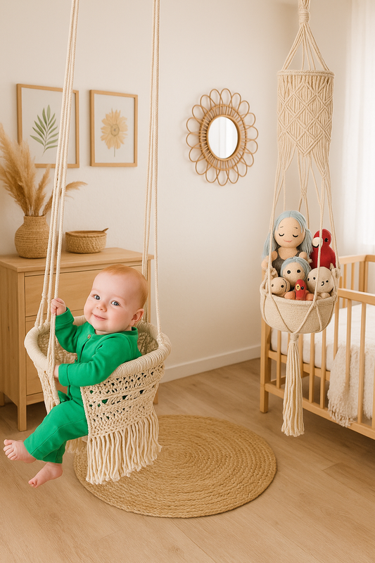Finn + Emma Fringe Macrame Baby Swing and Hanging Toy Basket Handmade 2-piece Set
