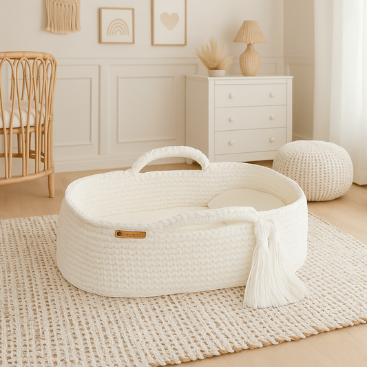 Finn + Emma Carry Cot Moses Baby Carrier Basket Handmade Organic Cotton Crochet Knit Bassinet